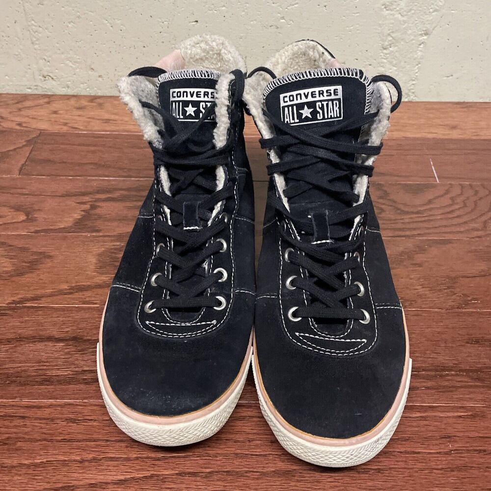 Converse All Star Hi Top Black Suede Womens Size 9 Lace Up Shoes Faux Fur Lining